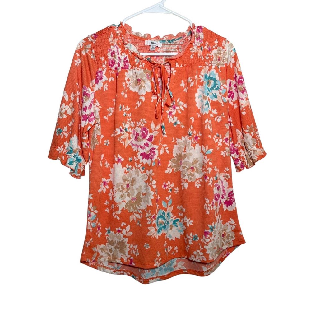 Nuco Blouse Women's Medium Orange Smocked V-Neck Short Sleeve Colorful Top
